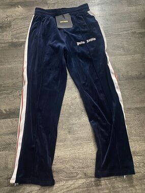 Palm Angels Navy Velvet Track Pants with White & Red Side Stripes